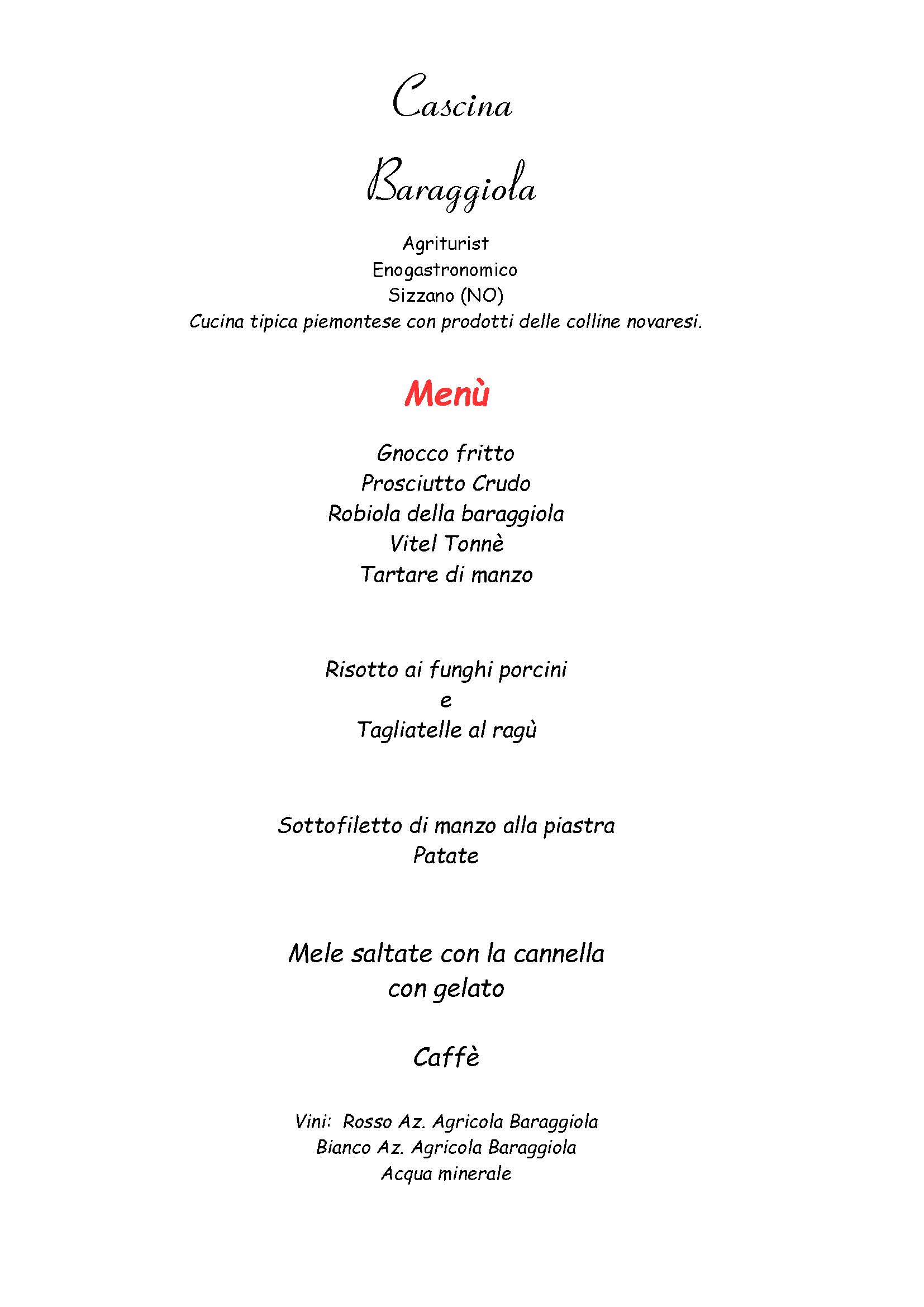 Menu Cascina Baraggiola