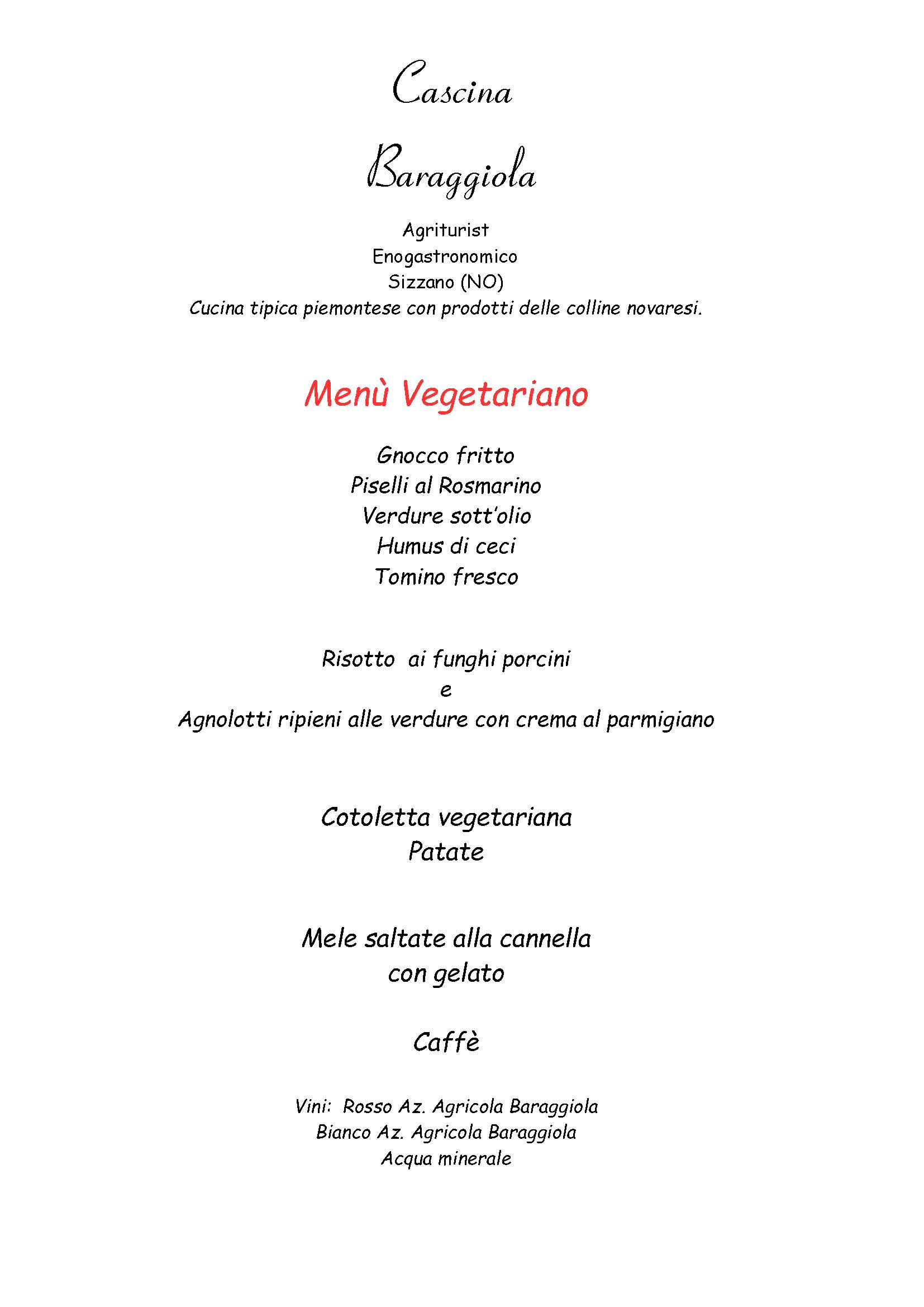 Menu Vegetariano Cascina Baraggiola