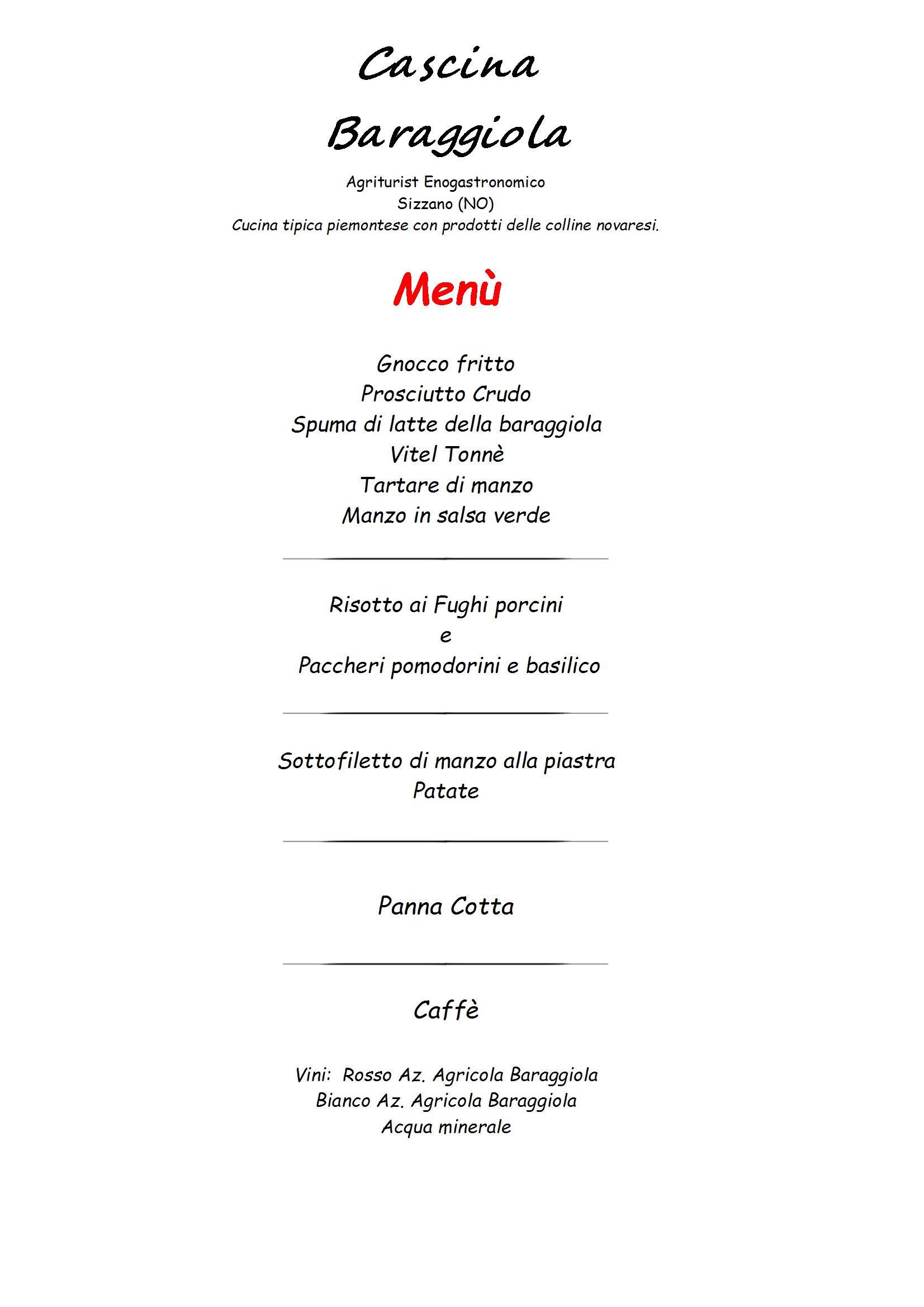 Menu Cascina Baraggiola