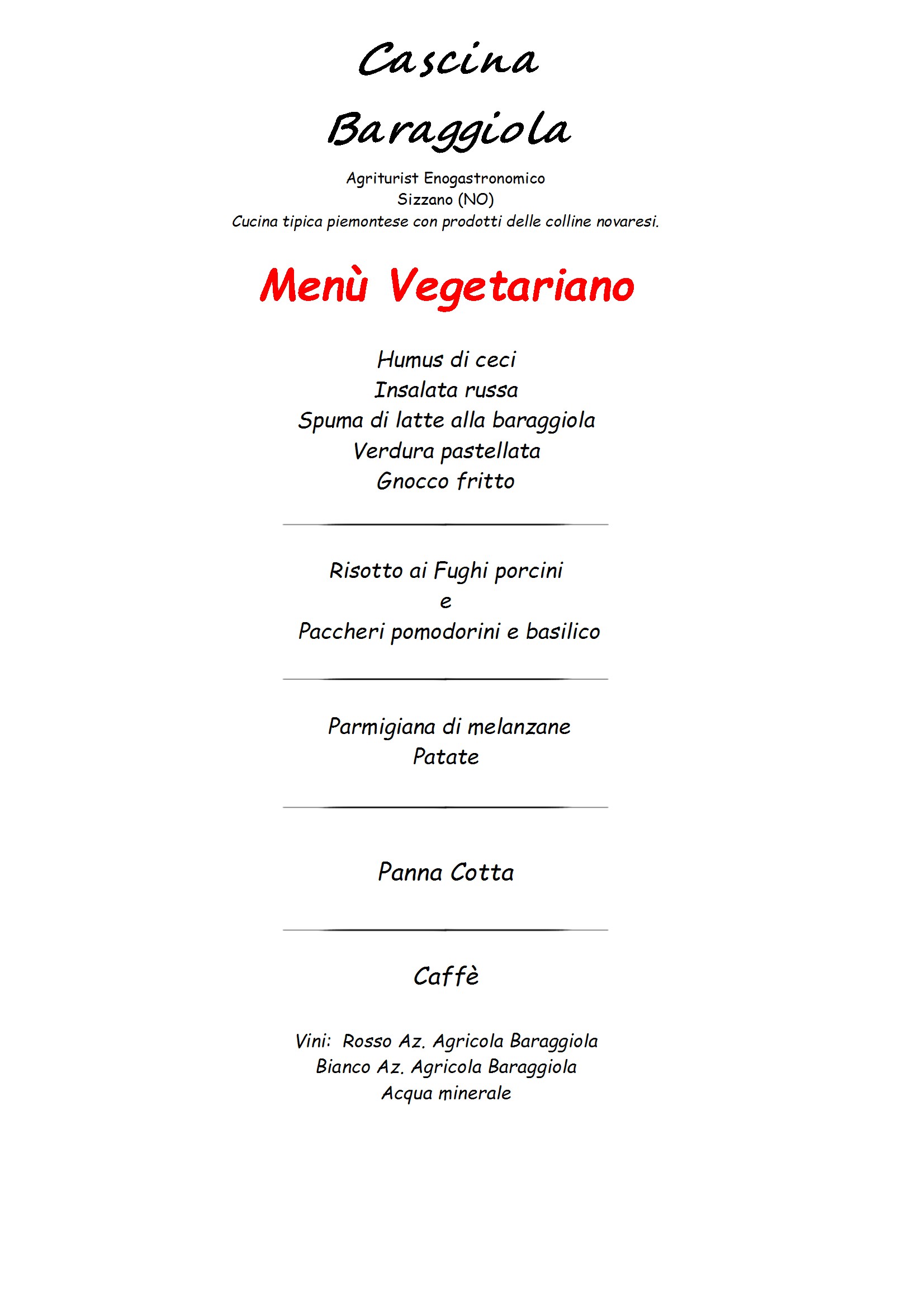 Menu Baraggiola vegetariano